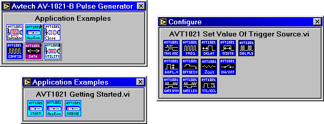 This photo shows some of the icons included in the LabView driver for the Avtech Electrosystems AV-1021-B pulse generator.